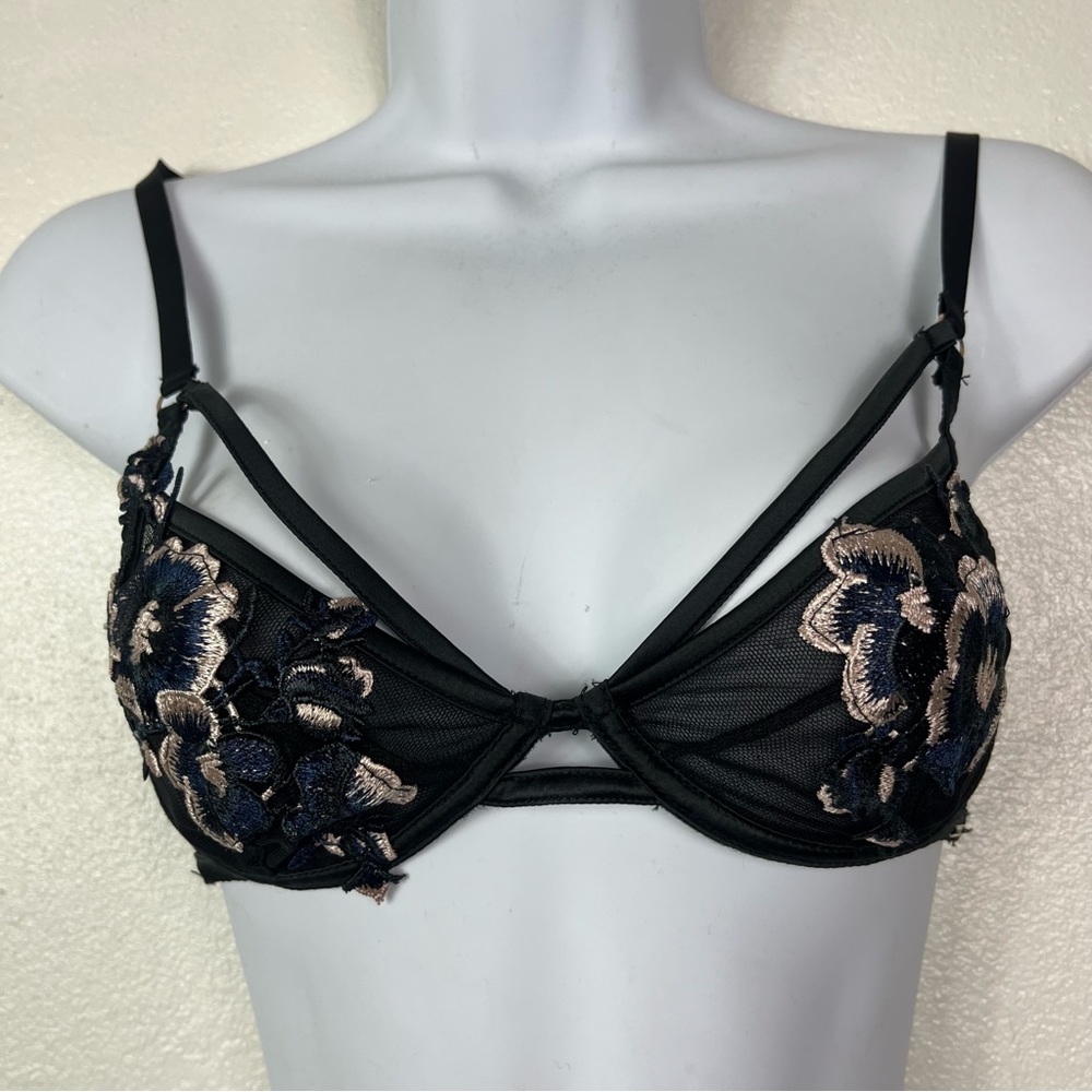 Blue Bella Mesh Floral Bra Cage Black Blue Pink 30B